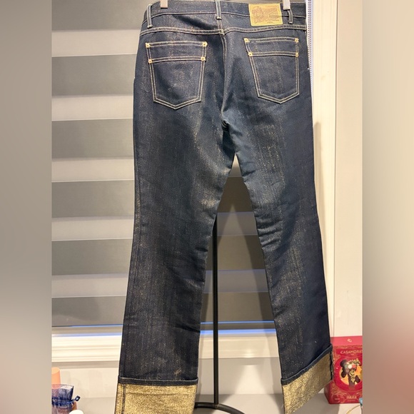 Louis Vuitton LV Metallic Gold Cuff Jeans Sz42 Dark Wash Designer Denim Rare Y2K - Picture 5 of 8